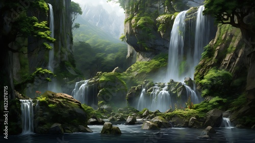 A majestic waterfall cascading down a rugged cliff, surrounded by lush greenery.