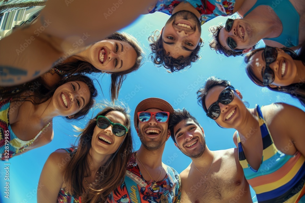 Group of friends in swimsuits and sunglasses taking a selfie on the beach Group of friends in swimsuits and sunglasses taking a selfie on the beach