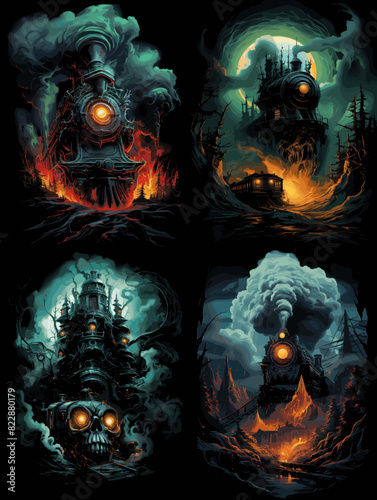 Dark fantasy illustration of a haunted ghost train with glowing eyes and eerie smoke. Perfect for horror, supernatural themes, gothic art, Halloween designs, and spooky storytelling.