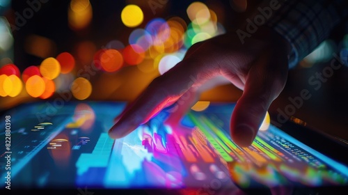 The hand of a businessman using a tablet with financial data and a graph on screen at night,