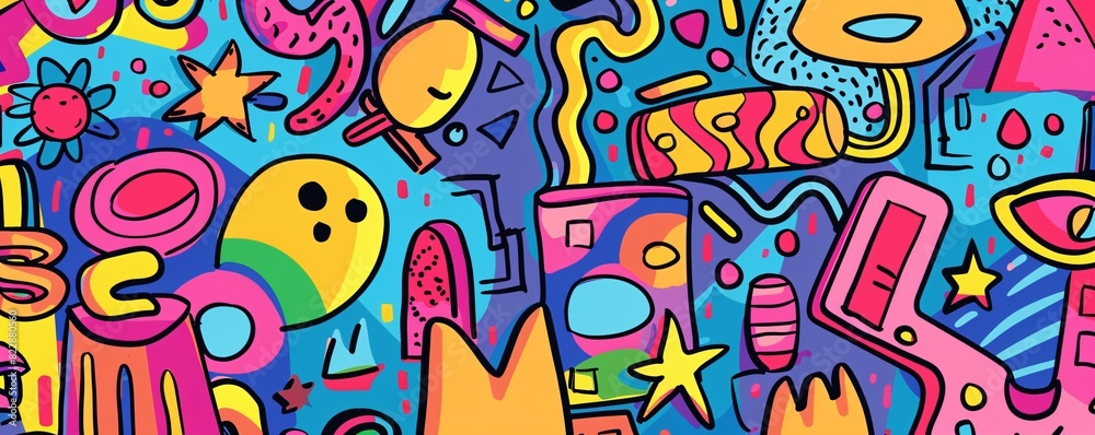 A set of fun, creative illustrations featuring doodles, scribbles, stars, and geometric shapes in vibrant colors, perfect for kids' fabrics, prints, and covers. A set of fun, creative illustrations featuring doodles, scribbles, stars, and geometric shapes in vibrant colors, perfect for kids' fabrics, prints, and covers.