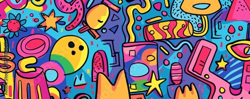 A set of fun, creative illustrations featuring doodles, scribbles, stars, and geometric shapes in vibrant colors, perfect for kids' fabrics, prints, and covers. © Rattana