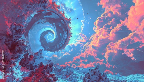 A raster illustration of colorful clouds twisted into a spiral, depicting a futuristic biosphere in blue-red colors with heavy clouds, stars, spaceships, and a science fiction theme. A 3D rendering photo