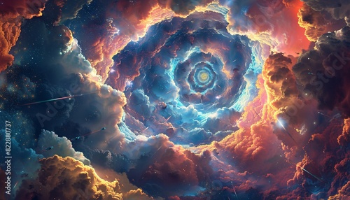 A raster illustration of colorful clouds twisted into a spiral, depicting a futuristic biosphere in blue-red colors with heavy clouds, stars, spaceships, and a science fiction theme. A 3D rendering photo