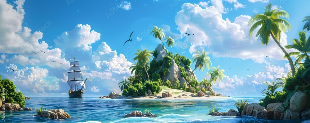 Fototapeta premium A 3D illustration of an island in the ocean, depicting an uninhabited secret pirate isle with a beach, palm trees, and a jungle. This scene captures a sense of adventure.