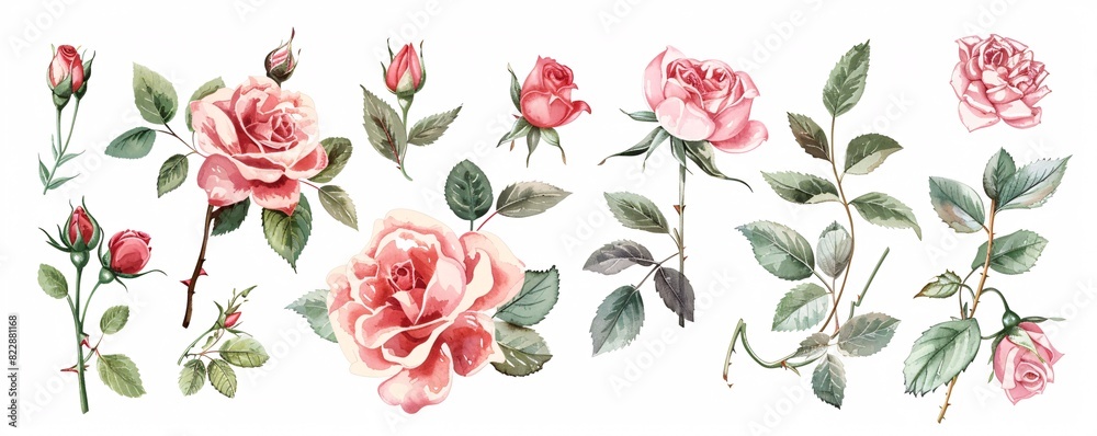 A collection of vintage watercolor elements featuring pink roses and garden flowers with leaves. This flat hand-drawn illustration is isolated on a white background. Created using Generative AI.