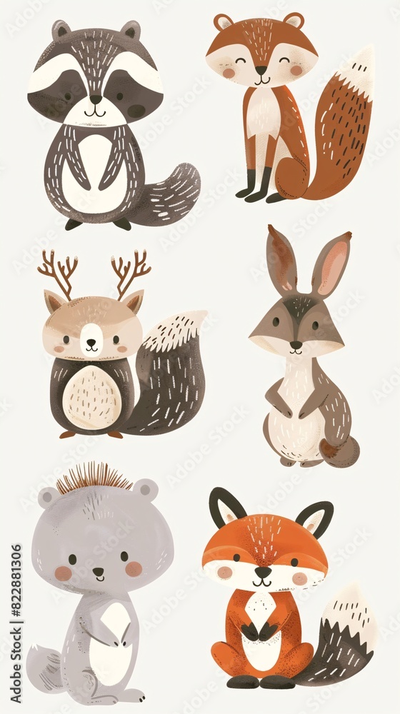 A set of cute baby woodland animals, including a squirrel, raccoon, deer, bear, owl, hedgehog, hare, and fox. These hand-drawn illustrations are perfect for nursery posters. A set of cute baby woodland animals, including a squirrel, raccoon, deer, bear, owl, hedgehog, hare, and fox. These hand-drawn illustrations are perfect for nursery posters.