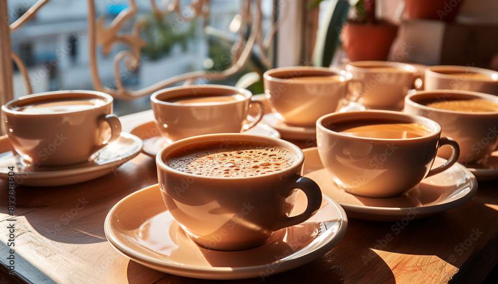 Fresh cappuccino on wooden table in cozy coffee shop generated by AI Fresh cappuccino on wooden table in cozy coffee shop generated by AI
