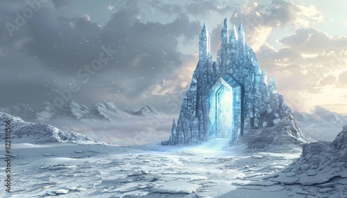 A magical portal set in a winter landscape, featuring an ice crystal door or mirror, and a fantasy castle. This snowy scene with a glowing entrance is depicted under a cloudy gray sky in 3D.