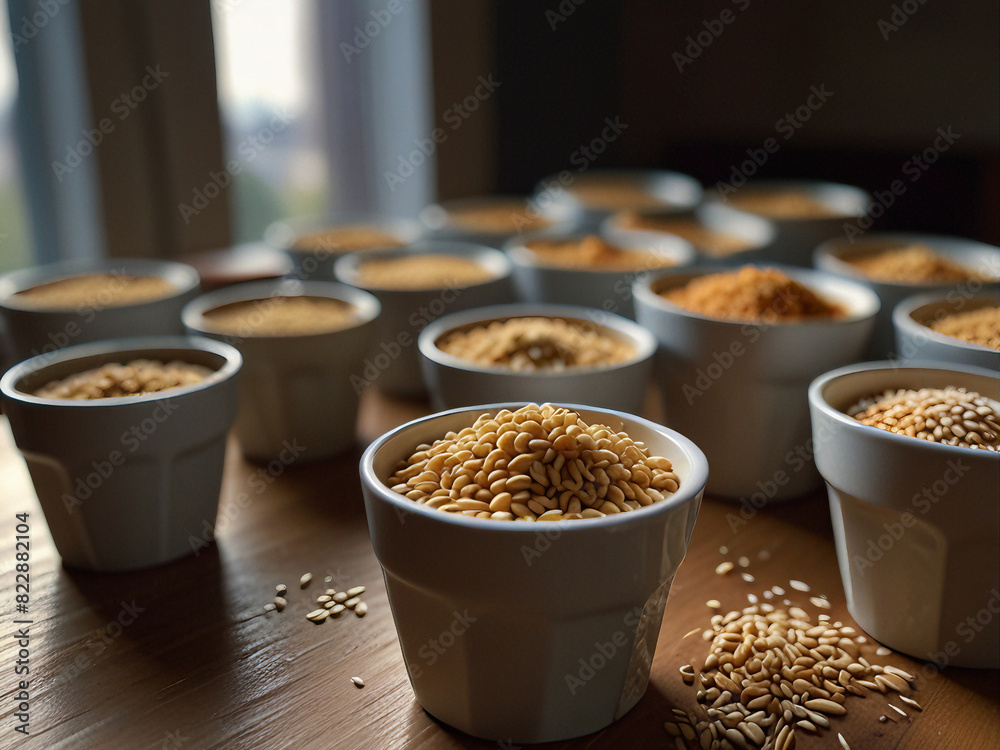 Various kinds of grains were in one bowl placed on the table, some grains were scattered about. Various kinds of grains were in one bowl placed on the table, some grains were scattered about.