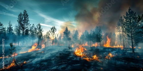 Devastating Wildfire Destroys Pine Forest During Dry Season  A Global Catastrophe. Concept Wildfire Crisis  Pine Forest Destruction  Global Catastrophe  Devastating Impact  Dry Season Emergency