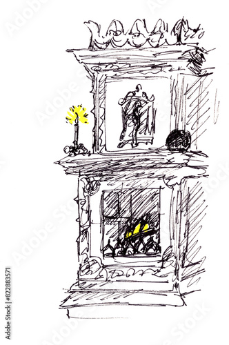 vintage fireplace with burning candle, graphic black and white travel sketch