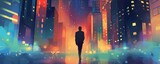 An AI-generated illustration of a businessperson in a formal suit walking through a night city.