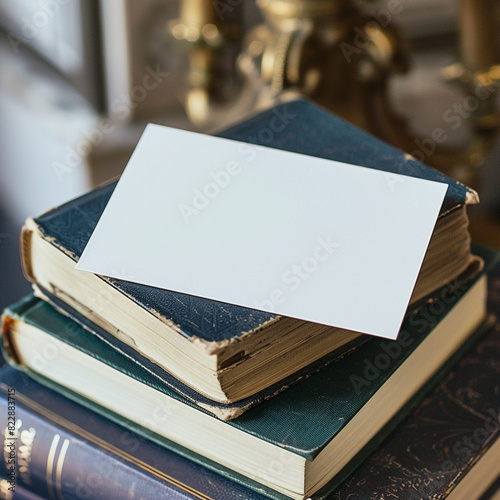 Literary style captured with a book-shaped blank business card on classic novels. photo