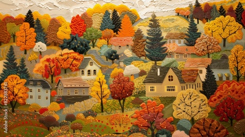An autumn landscape scene featuring village houses and trees with the colors of fall.
