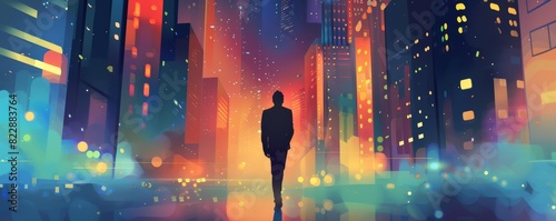 An AI-generated illustration of a businessperson in a formal suit walking through a night city. photo