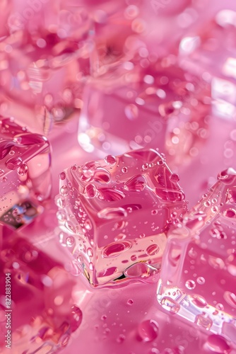 pink ice cube with drops of water on full background