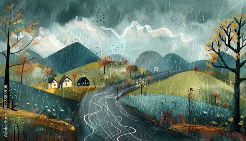 An illustration of a stormy day with trees, roads, and puddles in the rain, with houses situated at the foot of mountains.