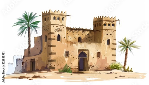 An illustration of an old house in a village, showcasing Islamic architecture. Isolated on a white background, depicting desert heritage buildings from ancient Arabia or India.