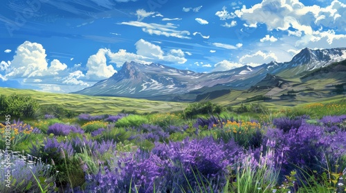 A mountain landscape featuring vibrant purple and green plants, a field, and a blue sky with scattered clouds.