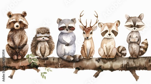A safari animal set illustrated in watercolor style, featuring a bear, deer, hedgehog, owl, squirrel, and raccoon sitting on a log. Isolated images created using Generative AI.