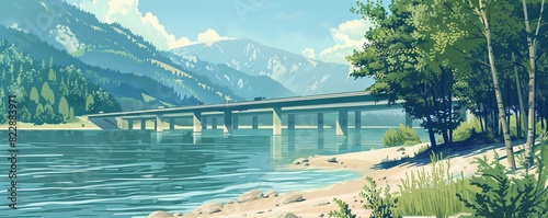 An illustration of a car overpass situated on the shore of a lake, surrounded by green trees and mountains.