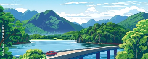 An illustration of a car overpass situated on the shore of a lake, surrounded by green trees and mountains. photo