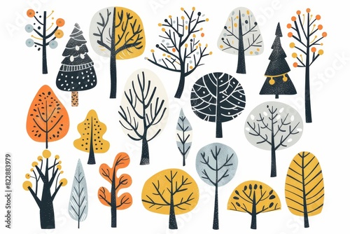 A set of cute cartoon trees, isolated on a white background. These modern abstract stylized woodland illustrations are perfect for Christmas cards, children's room decor, and Scandinavian wallpapers.