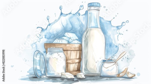 An illustration of natural dairy products, featuring a bottle, can, and wooden bucket with a splash of milk wave.