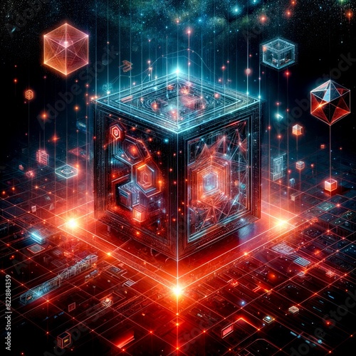 Futuristic Glowing Cube with Geometric Patterns in Space
