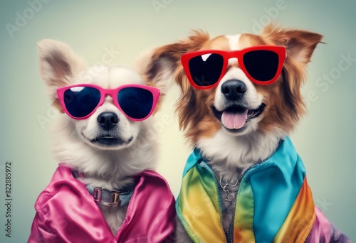 two cute dogs wearing sunglasses colourful clothes and aring fashion style 	