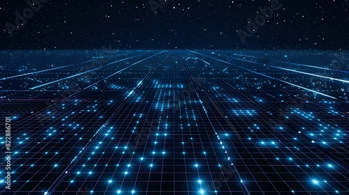 Abstract Grid Background with Blue Glowing Dots on Dark Space