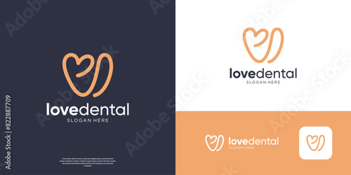Dental clinic logo design template. Minimalist love and tooth abstract design element linear style.