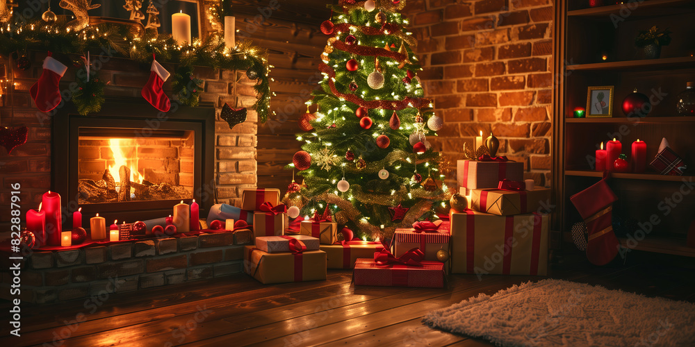 Cozy home festive interior with a Christmas tree, lights, and presents near the fireplace.