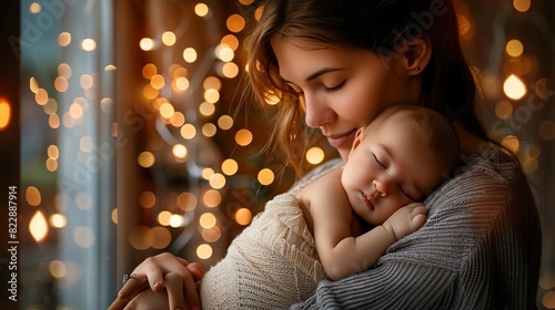 a mother lovingly holds her sleeping baby in her arms, adorned with a silver ring, while her long brown hair falls over her small ear photo