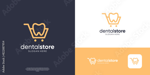 Minimalist dental clinic with cart symbol for store dentistry logo design.