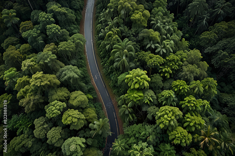 Aerial view of winding road through lush green rainforest in rainy season. Aerial view of winding road through lush green rainforest in rainy season.
