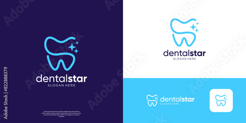 Dental clinic logo design vector illustration. Simple star with dental care linear logo.
