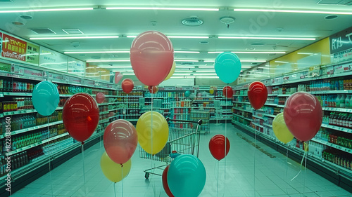 a supermarket completely full from floor to ceiling of colorful balloons