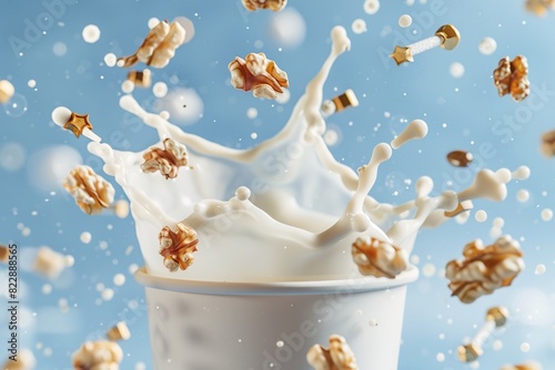 a white cup filled with a mixture of milk and nuts