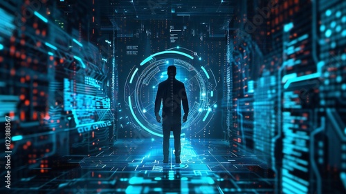Silhouette of Person in Futuristic Digital Corridor with Glowing Data
