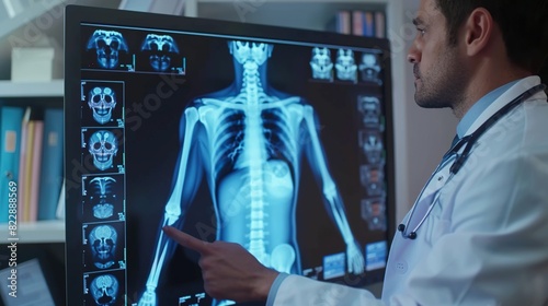 a doctor in a blue and white shirt stands in front of a black television, pointing to a skeleton on the screen he wears a black and blue tie and has dark brown hair a