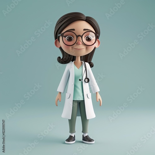 a female doctor doll with brown and black hair wearing a white coat and black glasses, with a pink nose and black and brown eyes, and a long arm and hand visible