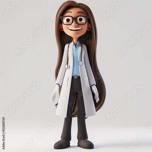 a cartoon character with brown hair and a brown face wearing a white coat and blue shirt, with a black leg visible in the foreground