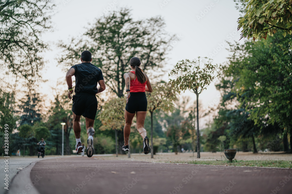 Athletic couple running together in park during late evening training.