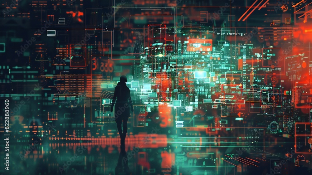 Fototapeta premium Person in Futuristic Digital Landscape with Abstract Data Visualization