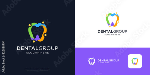 Colorful dental care with people connection logo design template.