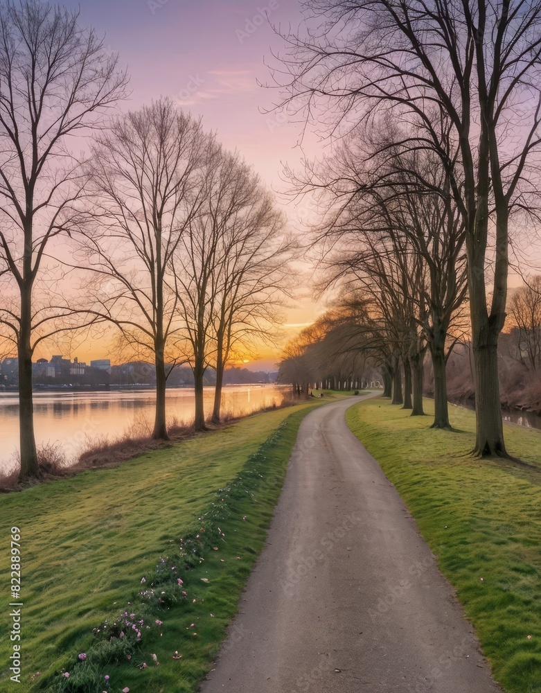 Fototapeta premium Scenic Riverside Pathway Adorned with Winter Trees