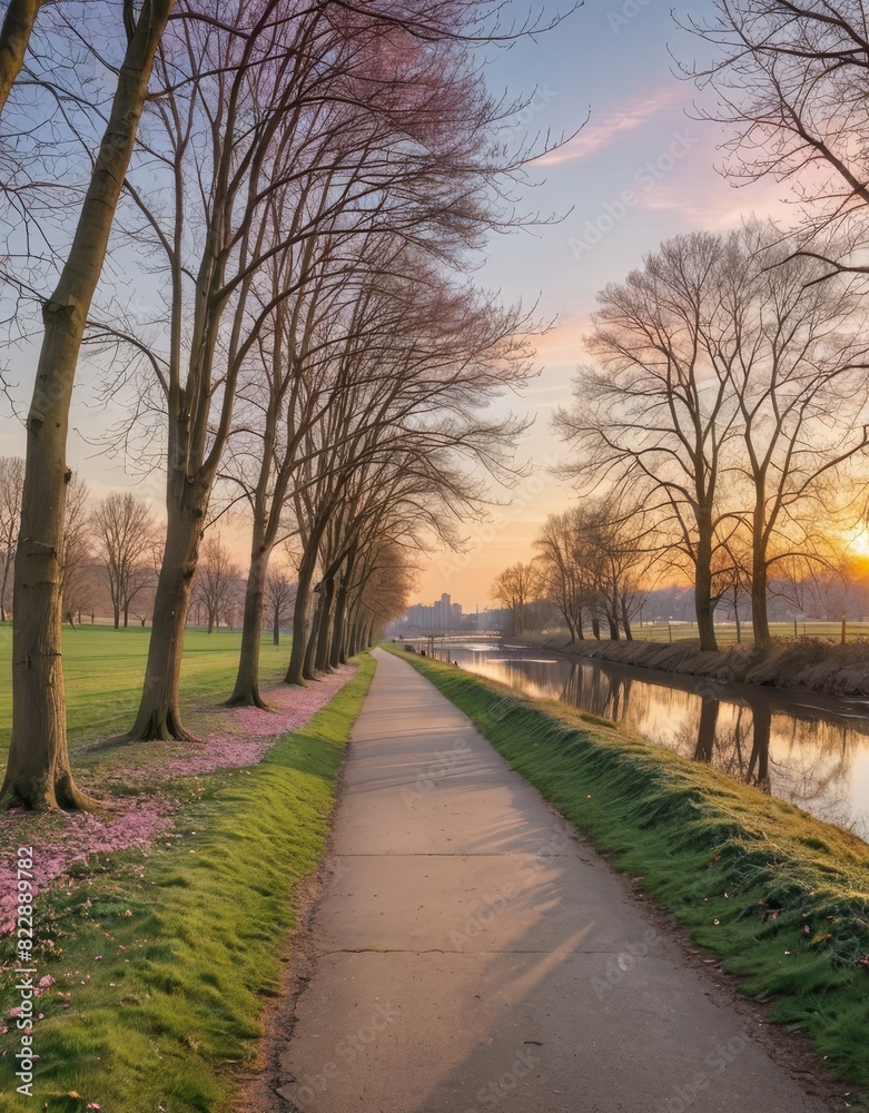 Scenic Riverside Pathway Adorned with Winter Trees Scenic Riverside Pathway Adorned with Winter Trees