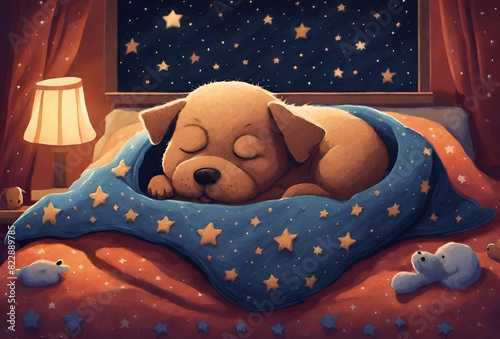 Dog sleeping in a room decorated with stars